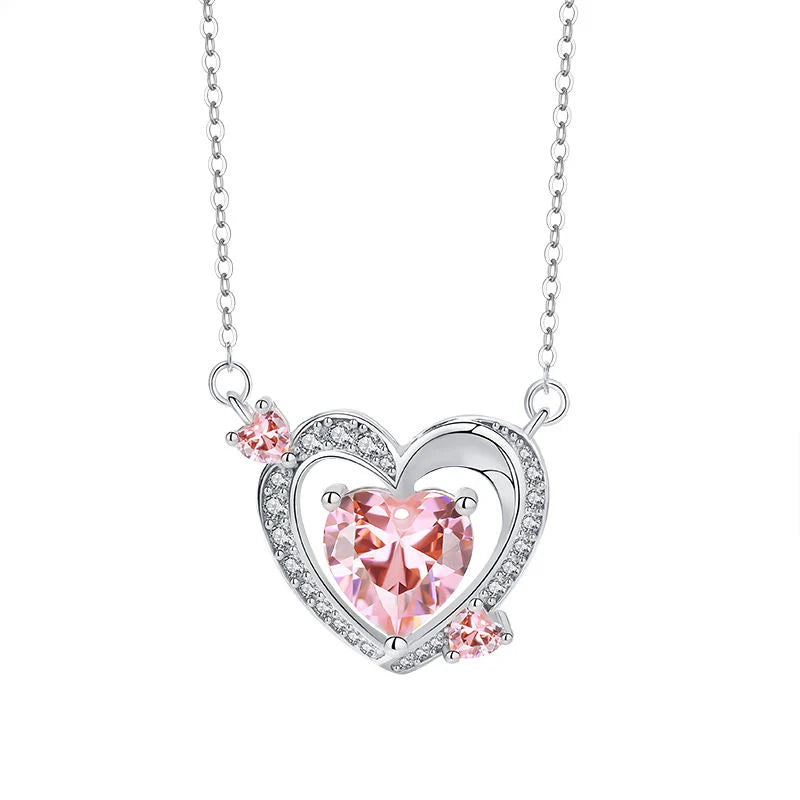 925 Sterling Silver Heart Shaped Pendant Necklace with Pink Cubic Zirconia