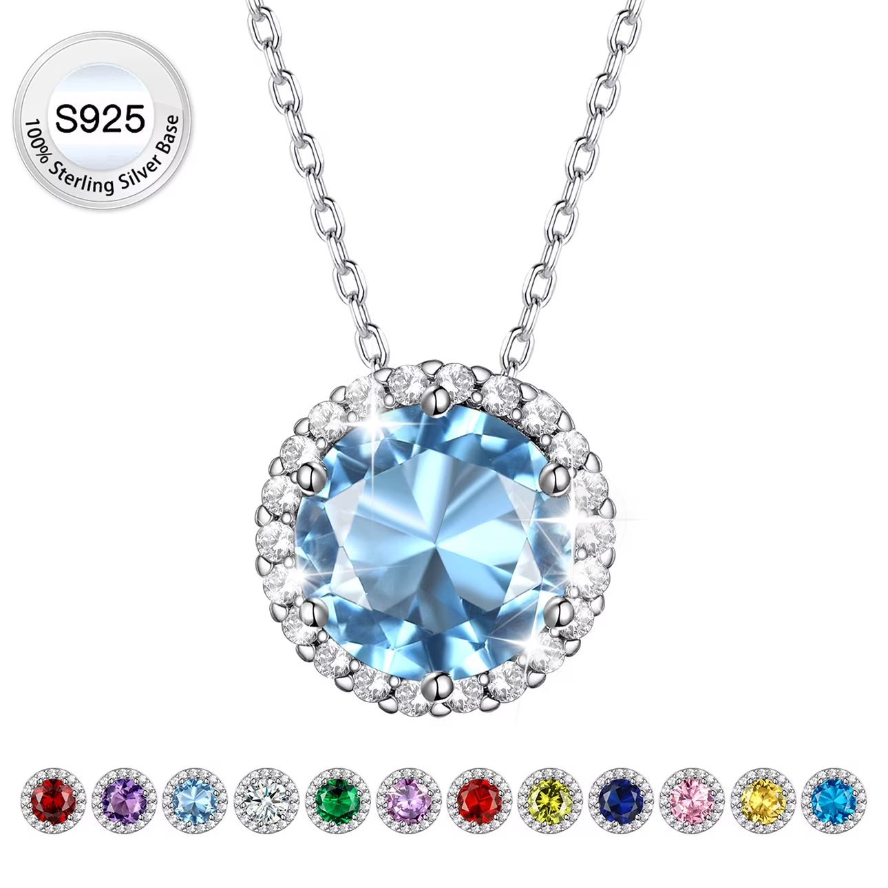 Birthstone Necklace for Women Pure 925 Sterling Silver Necklaces March round Blue Aquamarine Crystal Pendant Gifts for Everyday Wear Mother'S Day